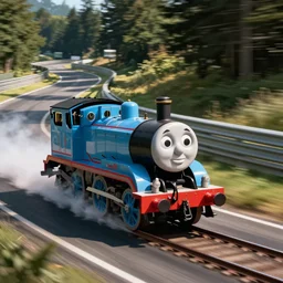 Thomas the Tank Engine, as a sports car, at the Nurburgring Nordschleife setting a hot lap, not train tracks