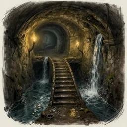 a set of stairs leads out of the flooded sewer tunnels. fantasy art, underground, stream, musty, damp, sewage, darkness, water fall, underground, catacombs, abandoned spaces, torchlight. sketch art earthdawn campaign setting. myth drannor. parlainth. d & d.