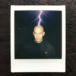 old polaroid of a bald guy in the rain while a lighting strike hits his head
