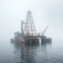 flooded abanded rusty oil rig partially submerged in dense fog