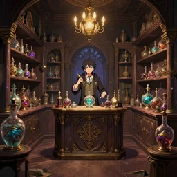 inside a magical item shop, fantasy potion vendor interior, necromancy, ufotable studio art style, gothic interior, 8K, octane render, unreal engine,