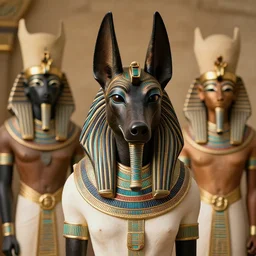 portrait photography of anubis jackal with human face, goddess oni african face, demihuman, ra anubis, looking towards the camera. egyptian, afro style, anubis family, egyptians worshipping them. high details, humanoid demigod.