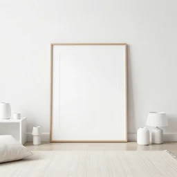 centered minimalist clean spacious empty bright mockup photo of a large framed picasso on floor with thin light wooden frame moulding, white background wall, light boho carpet, white furniture, white minimalist lamps, white pillows, trending on etsy