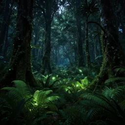 a forest, plants glowing at night, wide shot, cinematic, ultra realistic, ultra detailed, in style of avatar movie