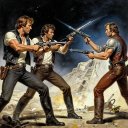 space opera gunfight, in the style of feldstein, johnny craig, wally wood, and jack davis, photorealistic