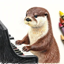 a highly detailed beautiful portrait of a otter playing piano, drawn by a kid, crayons