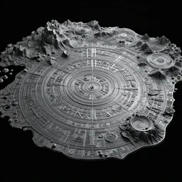 a photorealistic render of a metallic neotribal planimetry, altitude maps, on a black background, greyscale, c 4 d, by zhelong xu and ouchh and ernst haeckel, wide angle, hyper realistic, plain black background, 8 k, volumetric lightning, octane render