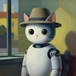 a robot cat wearing a hat, a highly detailed edward hopper painting, by adrian ghenie and gerhard richter. art by sorolla. masterpiece, flat surreal design with deep colours. 8 k. artstation