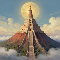 painting of a mesoamerican magical academy in the top of a volcano, digital art