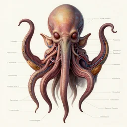 Medical illustration of a Cthulhu's anatomy, with labels. High quality, highly detailed, professional medical illustration.