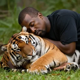 Kanye west taking a nap with a tiger, 4k, photorealistic