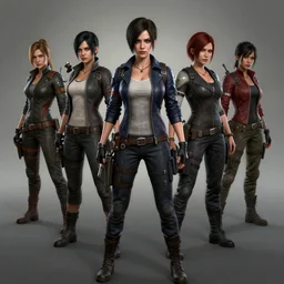 female realistic resident evil characters, Moebius, Greg Rutkowski, Zabrocki, Karlkka, Jayison Devadas, Phuoc Quan, trending on Artstation, 8K, ultra wide angle, pincushion lens effect