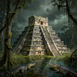 a historical illustration of a sunken aztec temple in the florida everglades, moss, vines, alligator, foreboding, dark, in the style of a historical illustration