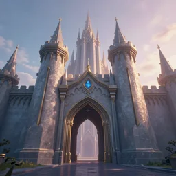 entrance to the castle, smooth walls, mystical spires, high fantasy, very long shot, low angle, digital art, sharp focus, dawn, high quality, landscape background, illustration, videogame background,