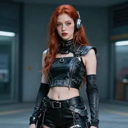 photo of a thirty year old woman wearing cyberpunk fashion by lilia alvarado, red hair, freckles