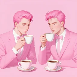 only with pink, two handsome princes drinking coffee, in the style of beksinski, part by hopper, part by rodcenko, part by hofbauer, intricate composition, black by caravaggio, insanely quality, highly detailed, masterpiece, red light, artstation
