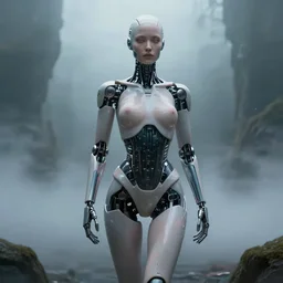 Masterpiece full body portrait of a beautiful  female cyborg with flawless skin, robotic feminine body, in a surreal dream landscape, eerie fog, cinematic lighting, 8k