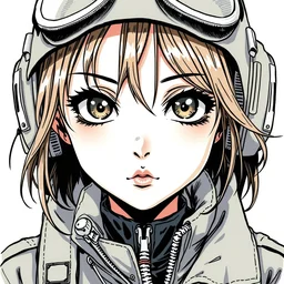 a copic maker realistic manga portrait by yoshiyuki sadamoto and lois van baarle of an anime girl highly detailed eyes wearing streetwear pilot suit lots of zippers, pockets, synthetic materials, jumpsuits by issey miyake and balenciaga 8 k
