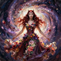 faceless scarlet witch in a swirling sundress of flowers, floral explosion, radiant light, vortex of plum petals, oil painting, Tooth Wu, Greg Rutkowski, RPG portrait, dynamic lighting, fantasy art, High contrast, depth of field