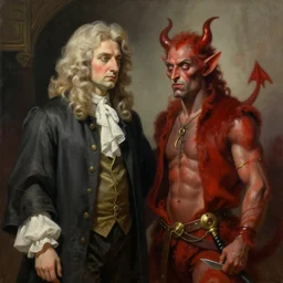 issac newton meeting the devil, award winning painting, trending on artstation