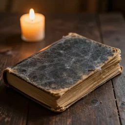very old and dusty diary book, covered with spider webs, nostalgic scene, candle light, warm light
