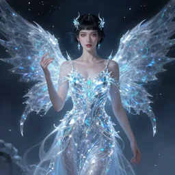 a beautiful cinematic female winter goddess, cristal dress, ice wing, galatic shamen with quantum energy fantasy, fantasy magic, undercut hairstyle, dark light night, intricate, elegant, sharp focus, illustration, highly detailed, digital painting, concept art, matte, art by wlop and artgerm and greg rutkowski and alphonse mucha, masterpiece