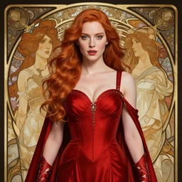 Christina Hendricks as a beautiful warrior woman, fantasy, intricate, elegant, highly detailed, centered, smooth, sharp focus, bright red, art by artgerm and donato giancola and alphonse mucha