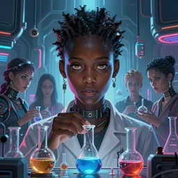 african biopunk biochemist, tormented test subjects, neon beakers, science fiction, highly detailed, digital painting, beautiful eyes, symmetry, concept art, sharp focus, illustration, global illumination, radiant light, synthwave colors, detailed and intricate environment, art by artgerm and greg rutkowski and magali villeneuve and ilya kuvshinov!