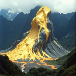 vintage color photo of a massive liquid gold sculpture in ecuadorian mountains, image by werner herzog