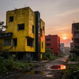 brutalist yellow and black concrete cyberpunk with red and orange glow, architecture by Le Corbusier, abandoned red buildings, empty streetscapes, surrounded by lush green vegetation, ground-level view, puddles of water, stunning volumetric lighting, sunset, trending on Artstation, 8k, photorealistic, hyper detailed, unreal engine 5, cinematic, epic lighting, cryengine, octane render, dark, gloomy, foggy