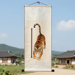 hanging silk scroll, tiger, protoss holding a pole, korean countryside