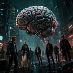 low wide tilted angle perspective photo of a cerebral hack, cyberpunk, 3 d render, by wayne barlowe, by beeple, by artgerm, beksinski, rutkowski, peter gric, photorealistic, cinematic, studio lighting, crowded midnight city, ominous electric atmosphere, album cover art, blade runner 2 0 4 9, masterpiece
