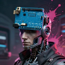 Beautiful Photo of Arduino Uno in the man robot's head. Cyberpunk. splatterpunk. 4K