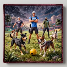 a velvet painting of dogs playing Fortnite