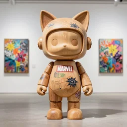 8 k octan, advertising, highly detailed, photo, a totally wooden figurine collectible art toys wooden on feet, very cute minimalist robot zen with cat ears, graffiti flowers cyberpunk, a contemporary art gallery, symetrical, masterpiece, nofinito, design, marvel