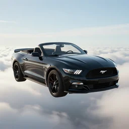 black ford mustang gt convertible flying above the clouds on a sunny day, 4 k, realistic, unreal engine 5, details, full car view