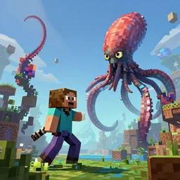 fighting giant flying squids, Minecraft, digital art, artstation, highly detailed, 4k