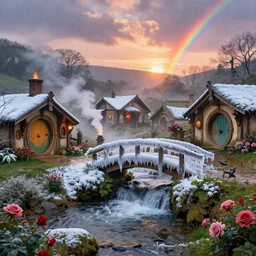 spring festival at medieval hobbit village, ornate, beautiful, atmosphere, vibe, mist, smoke, fire, chimney, rain, wet, pristine, puddles, waterfall, melting, dripping, snow, creek, sunset, rainbow, ice, bridge, forest, roses, flowers, color page, 4 k, rembrandt, trending on artstation