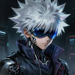 killua zoldyck, cyberpunk, wearing futuristic goggles, cyborg ; photorealistic, hyper real, 8 k, high details, detailed painting,, epic lighting, by ilya repin, phil hale and kent williams, wires cybernetic implants, machine noir grimcore in cyberspace photoreal, atmospheric by jeremy mann francis bacon and agnes cecile, ink drips paint smears digital glitches