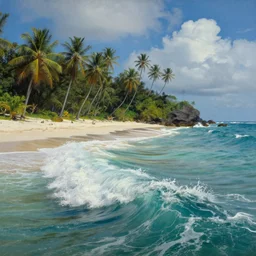 cinematic view of a tropical island paradise, waves, desaturated, psychedelic, tim hildebrandt, wayne barlowe, bruce pennington, donato giancola, larry elmore, oil on canvas, masterpiece, trending on artstation, featured on pixiv, cinematic composition, dramatic, beautiful lighting, sharp, details, hyper - detailed, hd, hdr, 4 k, 8 k