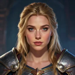 front facing symmetrical centered painted portrait, just one head, Elisha Cuthbert as a D&D Paladin, RPG character avatar, Blizzard concept art, global illumination lighting, trending on artstation, by lois van baarle and ilya kuvshinov and Dreamworks and Pixar