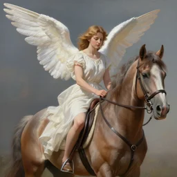 a beautiful angel riding a horse, realistic painting, high definition, digital art, matte painting, very detailed, realistic