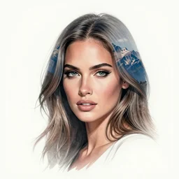 tattoo design sketch with double exposure effect, megan fox face faded with beautiful mountain scenery, in the style of matteo pasqualin, amazing detail