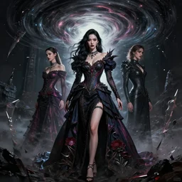character design by ilya kuvshinov, martine johanna, jakub rebelka ( ( ( portrait of hoyeon jung in seductive luxurious evil dress ) ) ) emerging from multiversal tornado, sharp edges. ultra clear detailed. 8 k. ultra detailed, majestic, intricate,