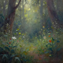 garden in the hell. gouache fairytale art, russian romanticism, muted palette, backlighting, depth of field, bokeh.