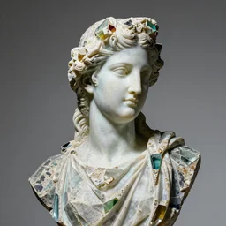 “Apollo statue made of huge pieces of colored glass, detailed but rough, 4k photo, great light and shadows”