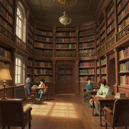 interior of a library, artstation, elegant, highly detailed, digital painting, concept art, smooth, sharp focus, illustration, art by studio ghibli, fujita goro, atey ghailan, tom whalen, jean giraud 8 k