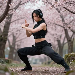 cyber punk girl, perfect form, doing kung fu in the forest of cherry trees, highly detailed, trending on art station,