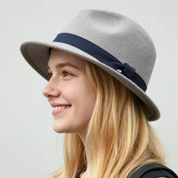 portrait of a smiling 2 0 - year - old woman with angle lost profile looking away, medium yellow blond hair, character with a hat, hair comes out of the hat a little