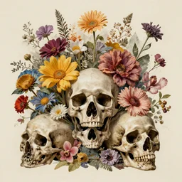 flowers and death, surrealistic collage art